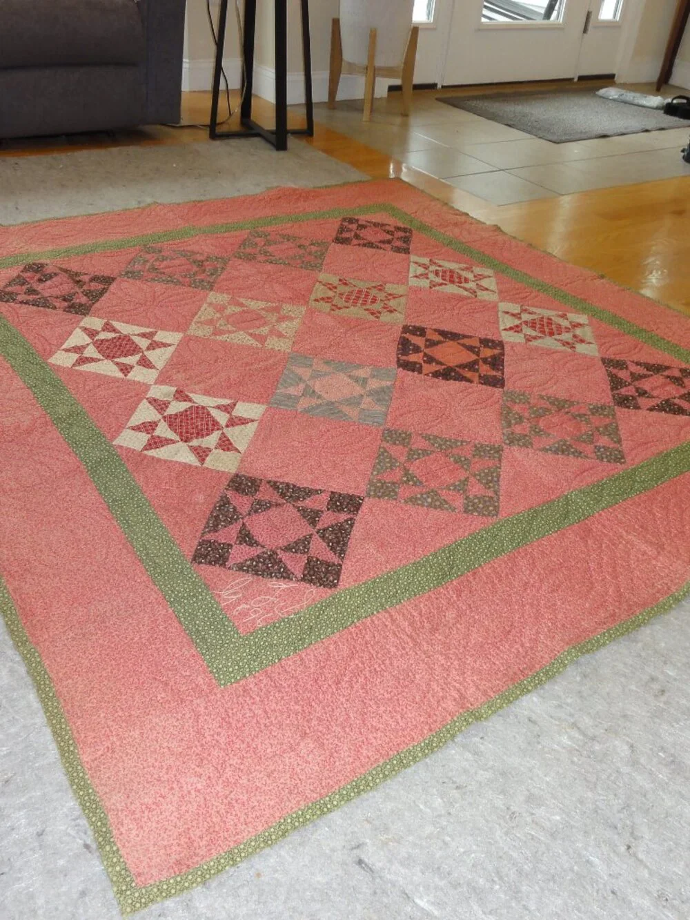 Antique Signed 1896 Red, Green, Brown, Star Patterned Quilt EXCELLENT CONDITION!